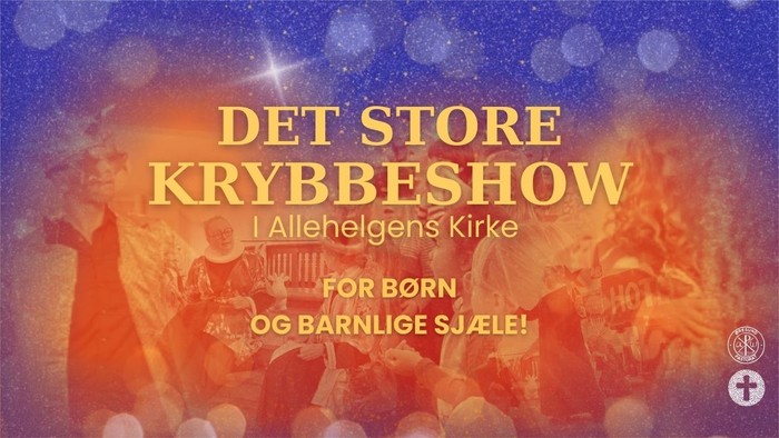 Juleforestillingsplakat med festlig scene og tekst på dansk