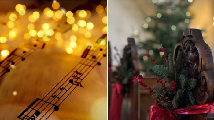 Billede af musiknoter og juldekorationer