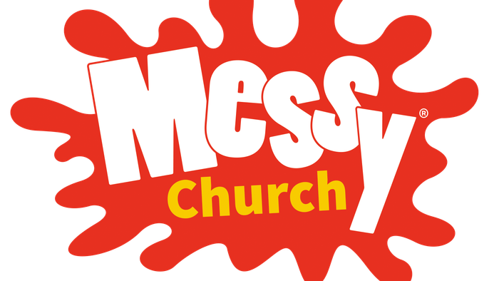 The logo features bold, playful text 'Messy Church' with a red, splattered background.