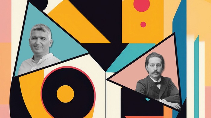 To mænd i abstrakt, farverig design.