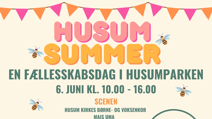 Plakat til Husum Sommerfestival, der annoncerer familieaktiviteter, workshops og arrangementer i Husumparken den 6. juni.