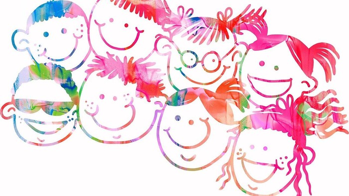 Colorful illustration of happy children with various hairstyles and accessories.