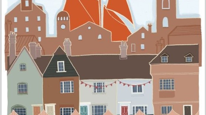 Poster for Faversham Safari event on the first Sunday in August, featuring a town scene with buildings and people.