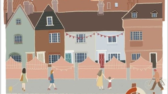 Poster for Faversham Safari event on the first Sunday in August, featuring a town scene with buildings and people.