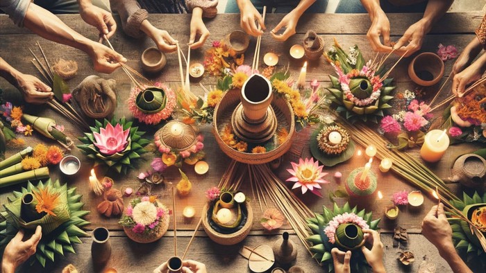 Eine Gruppe von Menschen sitzt um einen Tisch und bastelt mit Blumen und Kerzen.