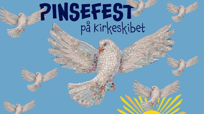 Farverige mosaikduer fejrer "Pinsefest på Kirkeskibet" under en klar blå himmel med en sol.