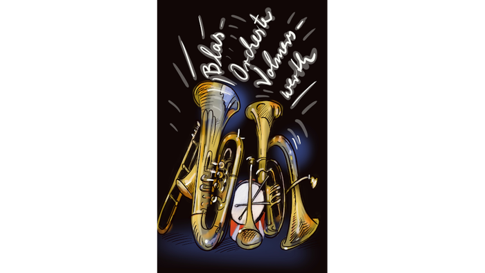 Logo des Blasorchesters Volmerswerth; Grafik von Trompeten, aus deren Trichtern die Worte „Blas / Orchester / Volmers / werth“ kommen.