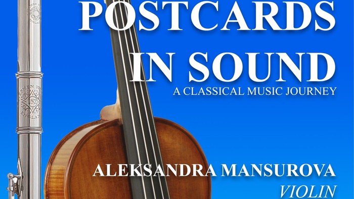 Poster for a classical music event featuring violin and flute, with ticket information