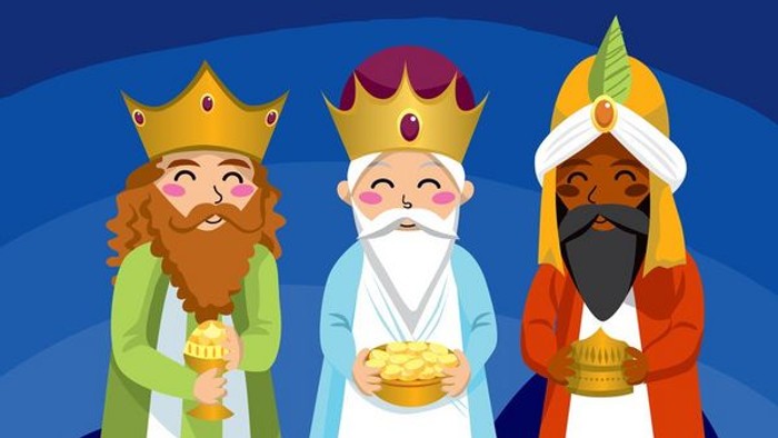 Tre vise mænd med kroner og gavegaver.