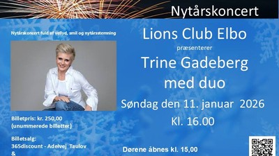 Plakat til en koncert med Trine Gadeberg den 11. januar 2026, præsenteret af Lions Club Elbo.