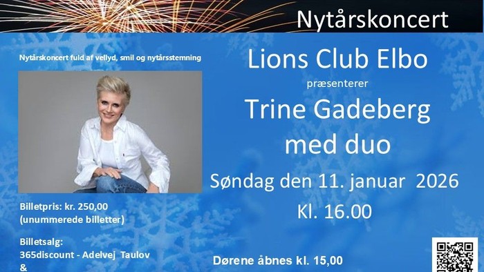Plakat til en koncert med Trine Gadeberg den 11. januar 2026, præsenteret af Lions Club Elbo.