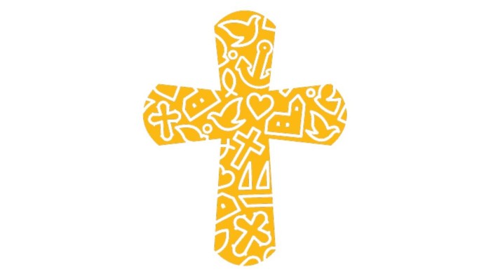 Gul korsformet symbol med diverse tegnninger.