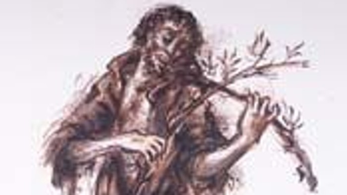 Das Bild zeigt einen alten Mann der auf einem Stock geige zu spielen scheint.