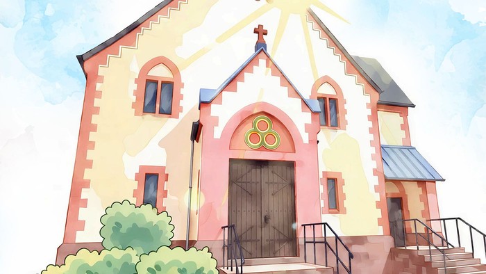 Aquarellkirche in warmem Sonnenlicht mit einladendem Eingang und grünen Sträuchern.