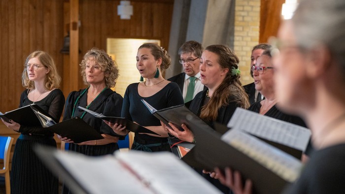 En gruppe kvinder synger i kor.