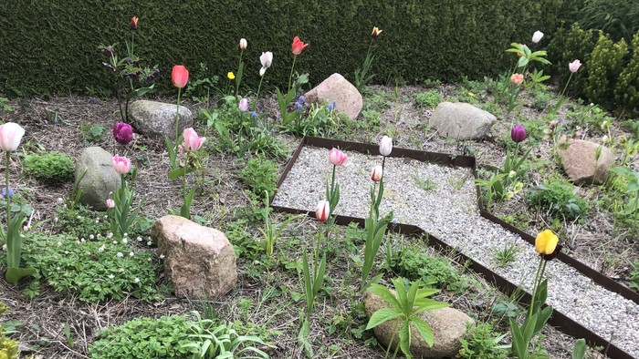 En smuk have med blomster, steiner og stier