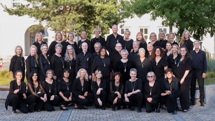 Amazing Voices in schwarzer Konzertkleidung vor einem Gebäude