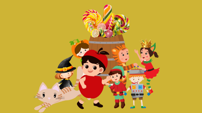 En gruppe børn med fantasifigure og dyr på gul baggrund