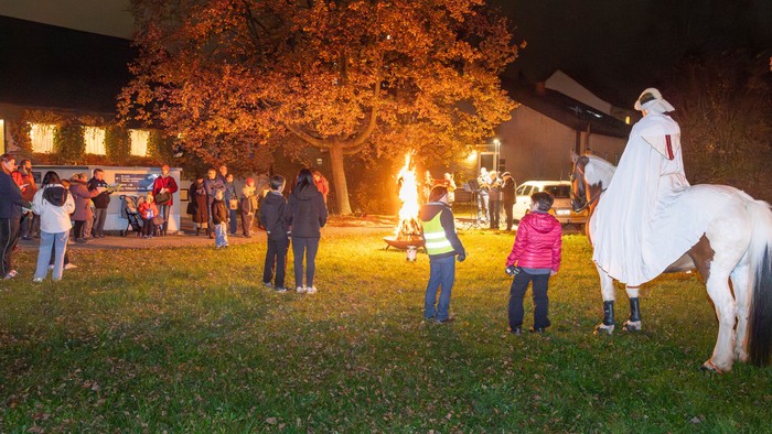 Lagerfeuer mit Pferd und Menschen