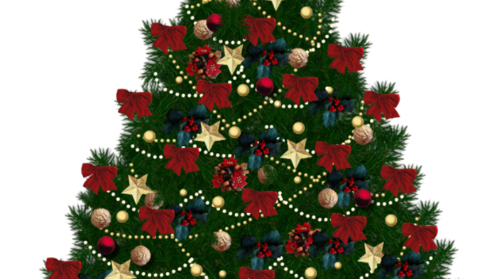 En pyntet juletree med stjerner og glitrende pynt.