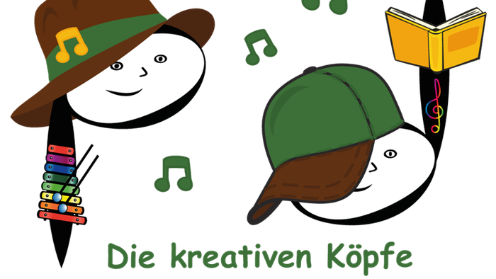 Zwei Schneemänner mit Hüten und Musiknoten, ein Buch schwebt darüber, Text: