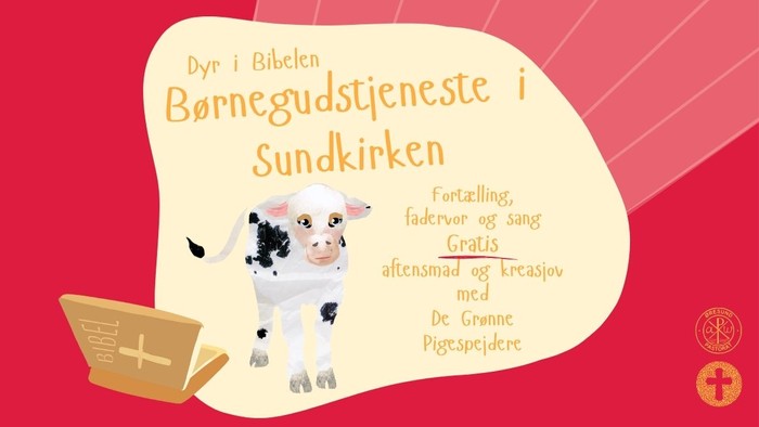Børnegudstjeneste med dyr fra Bibelen, herunder en ko, med gratis aktiviteter og snacks.
