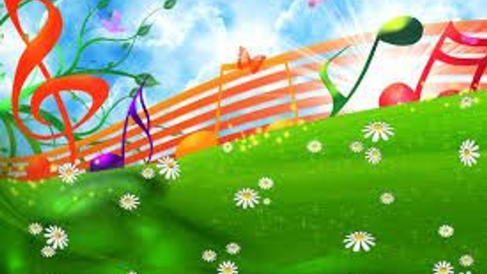 En farverig og fantasifuld billede af en grøn åben mark med mange hvide blomster og en bjergkæde i baggrunden med en bunt af farver og former.