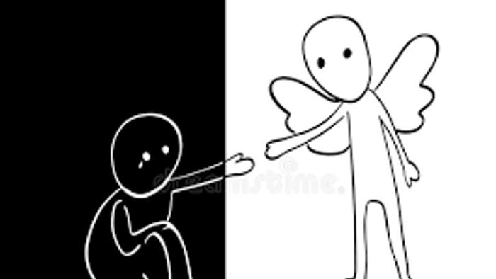 Zwei skizzierte Figuren, eine mit Flügeln und eine ohne, die sich gegenüberstehen.