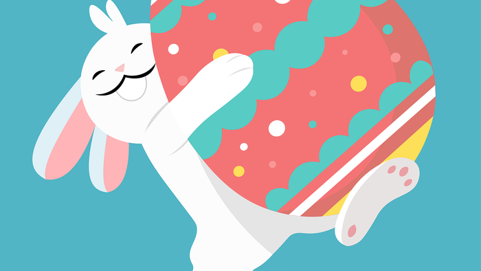 En glad kanin bærer glædeligt et farverigt, pyntet påskeæg.