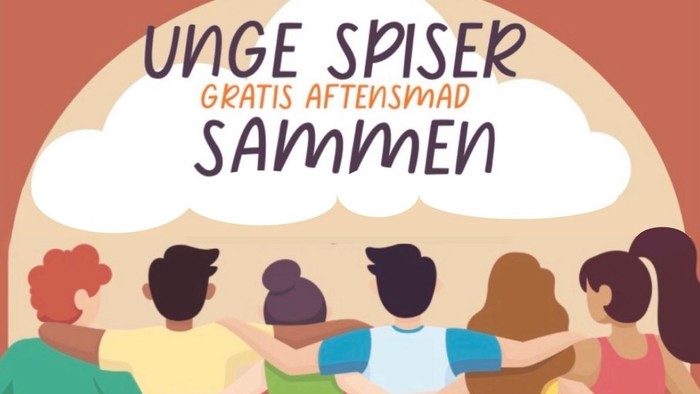 i forgrunden 7 tegnede unge kvinder og mænd der holder hinanden om livet og om skulderen, med ryggen til ser imod overskriften unge spiser sammen 