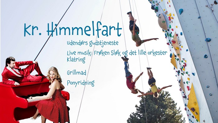 Plakat med live musik, klatring og udendørs bryllupsservices med ponyridning og grill.