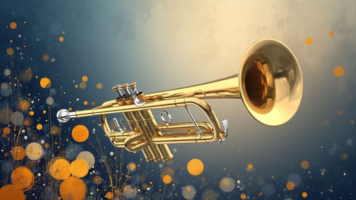 En gylden trompete er fremtrædende placeret mod en blå baggrund med spredte orange cirkler.
