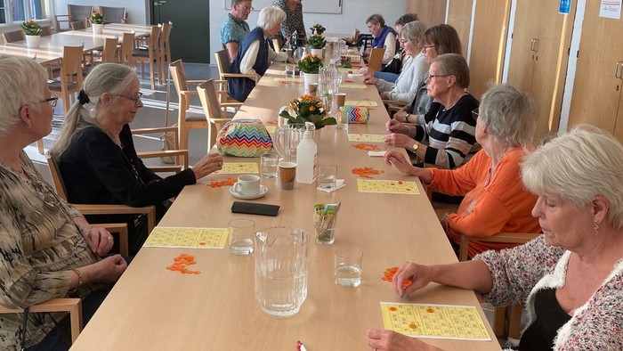 En gruppe mennesker samlet omkring et langt bord og spiller et kortspil i en lys indendørs omgivelse.