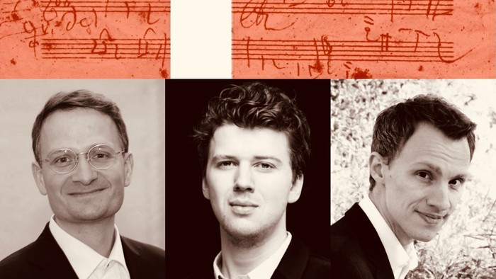 Billede af tre mænd og Ludwig van Beethovens noter