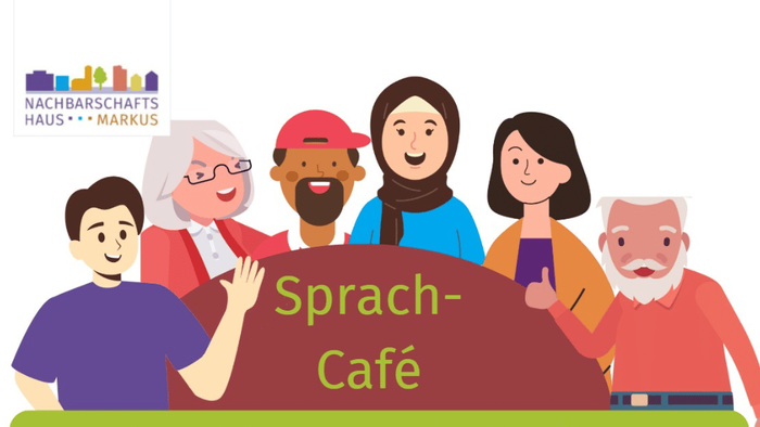 Ein buntes Plakat, das für ein wöchentliches „Sprach-Café“ wirbt, das jeden Dienstag von 15:00 bis 16:30 Uhr stattfindet.