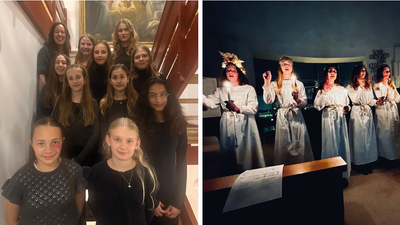 Gruppe af unge piger, der poser sammen i to forskellige omgivelser – én afslappet og én formel i hvide kjoler.