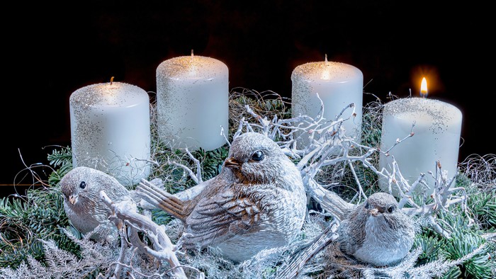 En adventskranse med fire lysende lysekøn og tre smukke fuglefigurer i hvid is.