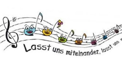 Das Bild zeigt lustige Tierfiguren auf Notenlinien mit dem Text "Lasst uns miteinander, lasst uns singen".