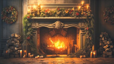 En hyggelig kamin med lysende bål, pyntet med grønne kranser og lysstaker.