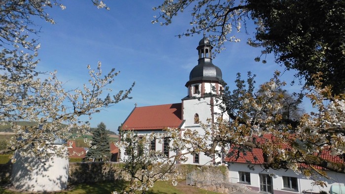 Eine malerische Kirche mit Glockenturm, eingerahmt von blühenden Kirschbäumen in einer idyllischen Landschaft.