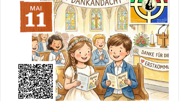 Illustrierte Kinderkalenderseite zur Feier der Erstkommunion mit fr�hlichen Kindern, die Gesangb�cher in der Kirche halten.