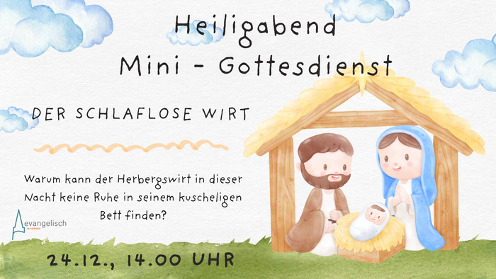 Plakat zum Heiligabendgottesdienst mit gemaltem Bild mit Maria, Josef, Jesus in der Krppe im Stall