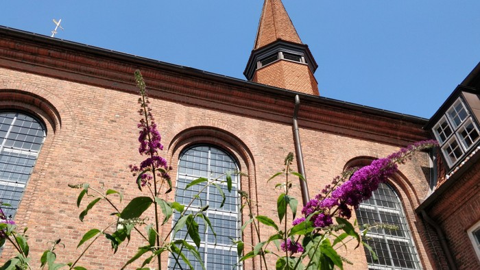 Et rødt murstenskirke med spiret mod himlen og lilla blomsterbuske i forgrunden