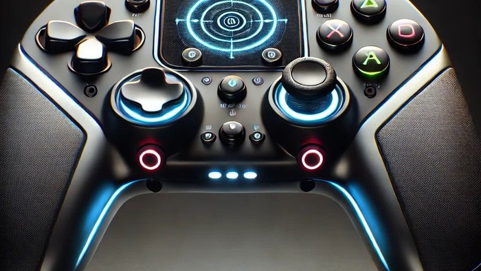 Das Bild zeigt einen modernen Spielcontroller mit beleuchteten Elementen und einem Touchscreen.