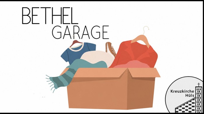 Eine farbenfrohe Illustration einer Spendenbox, gefüllt mit Kleidung und Accessoires für die Bethel-Garage.