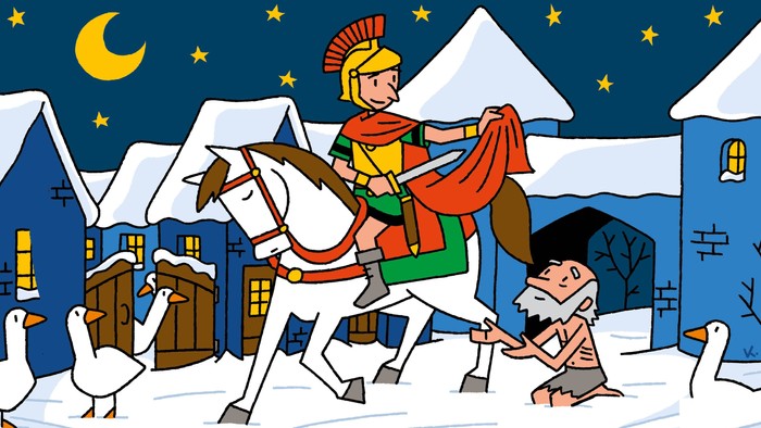 Das Bild zeigt Sankt Martin, der einem Bettler hilft, und trägt den Text 