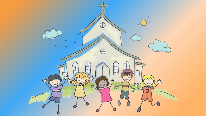 Kinder vor Kirche mit Kreuz und Sonnenstrahlen