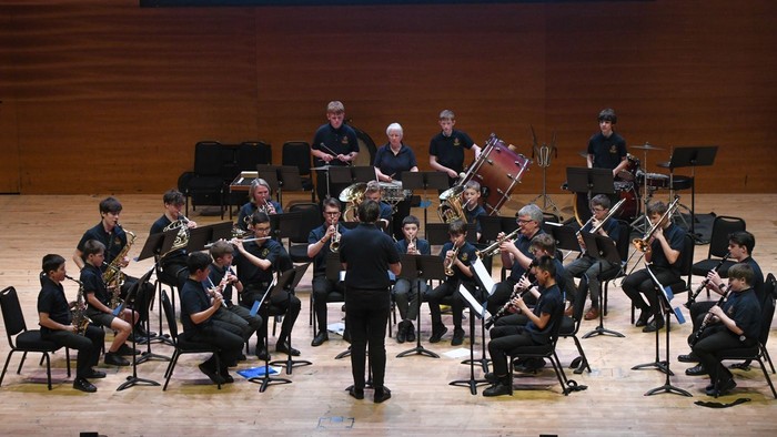 Orchestra performing on stage with conductor.