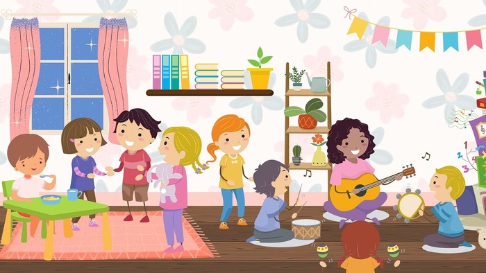 Kinder spielen und singen in einem gemütlichen Raum