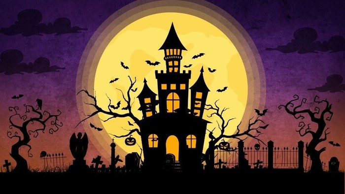 En spøgelsesagtig slot ved fuldmåne med flokke af fluer og graver.